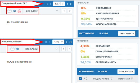 Рисунок 2 — Генеративный текст, созданный с помощью GPT, «ДО» и «ПОСЛЕ» очеловечивания КонтрПлагиат