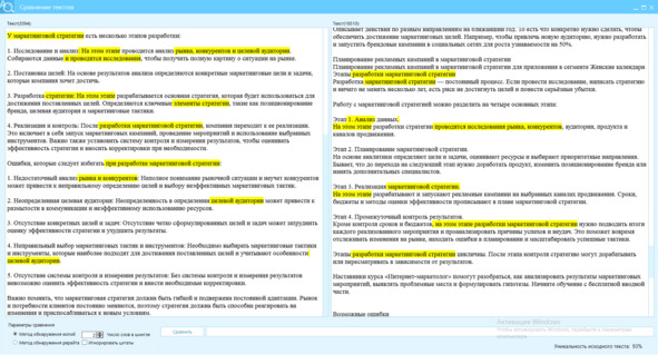 Рисунок 30 — Пример ответа GPT (левое окно), текст источника (правое окно), отличие, оригинальность текста GPT — 93%